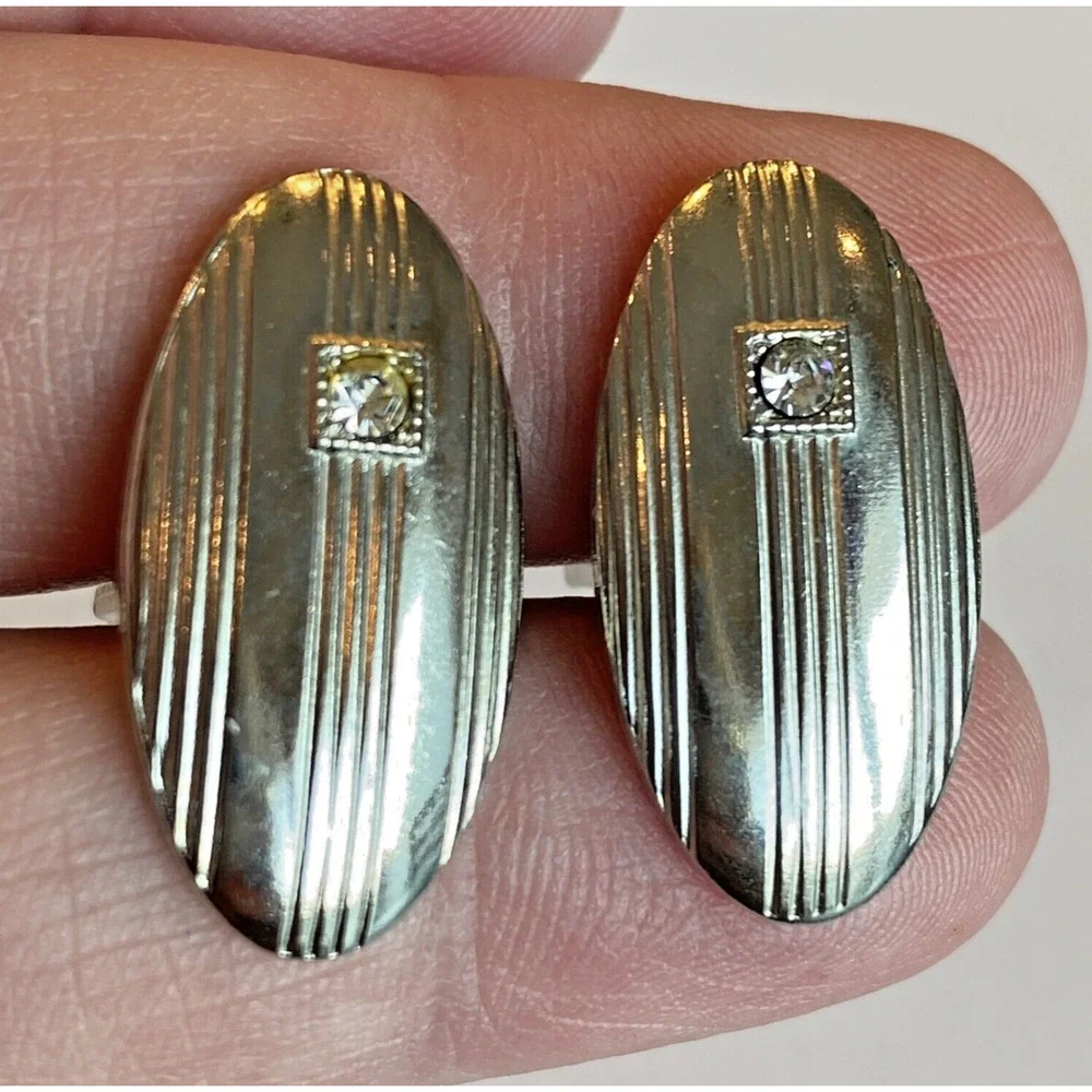 Vintage Mid Century Cufflinks Atomic Age Jewelry Silvertone & White Rhinestone